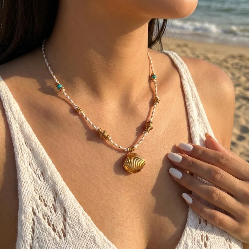 

Stainless Steel Bohemian Blue Turquoise Shell Necklace for Women Simple Vintage Clavicle Chain Beach Holiday Jewelry Gift