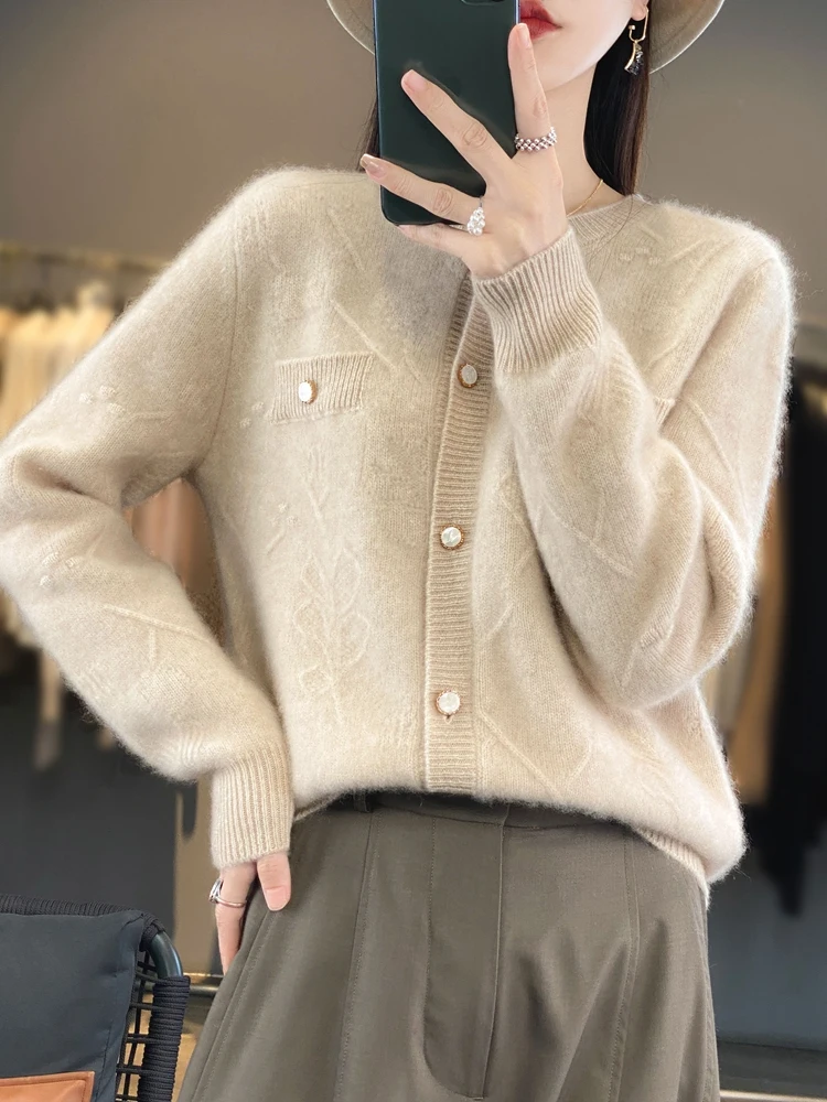 

New Women Cashmere Sweater 100% Merino Wool Thick Cardigan Autumn Winter O-Neck Button Knitwear Female Grace Soft Fashion Top