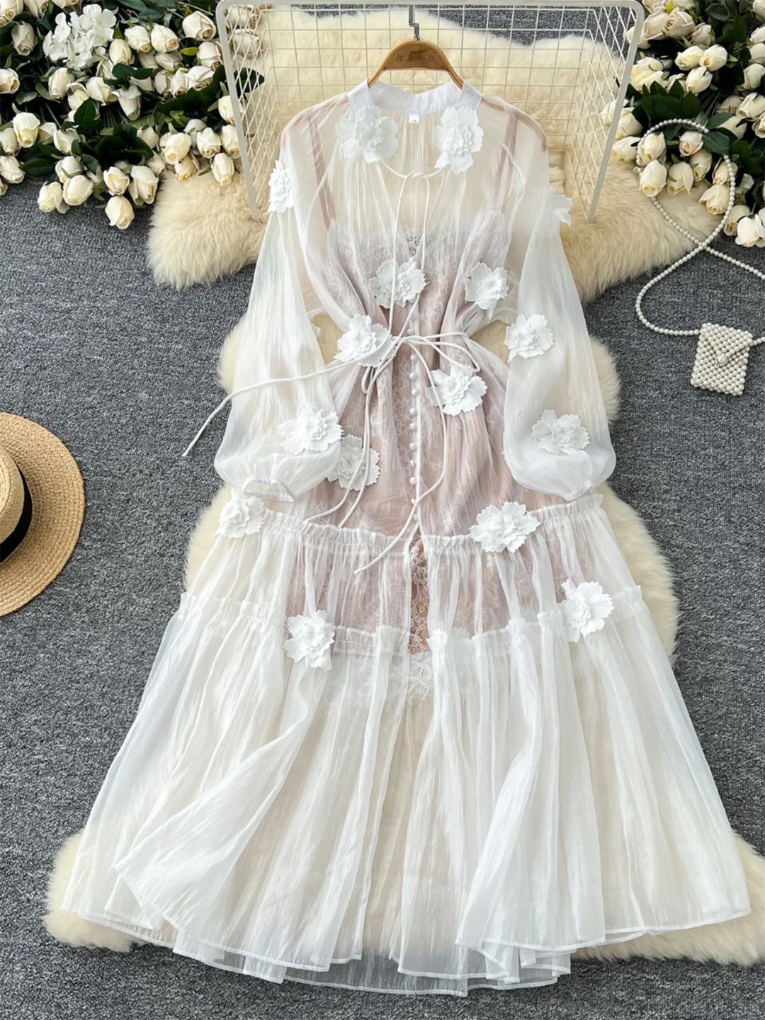 

Croysier Maxi Dresses Women Fashion Raised Flower Embroidery Tulle Dress With Lining Tie V Neck Long Sleeve Spring Holiday Dress