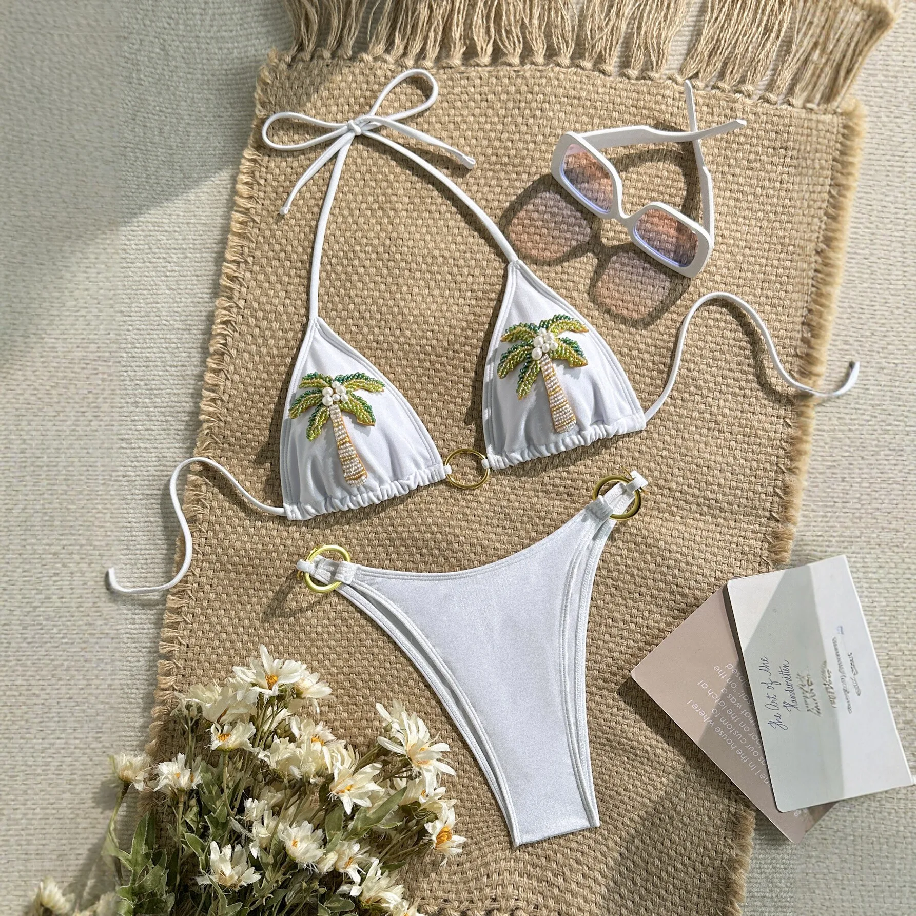 3D Coconut Tree Halter Pearls Mini Micro Bikini Women Swimsuit Female Swimwear Two-pieces Bikini Set Bather Bathing Suit Swim