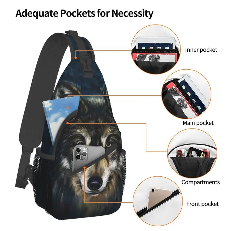 Cool Wolf Face Sling Chest Bag Personalizado Animal Crossbody Ombro Mochila para Homens Viagem Caminhadas Daypack