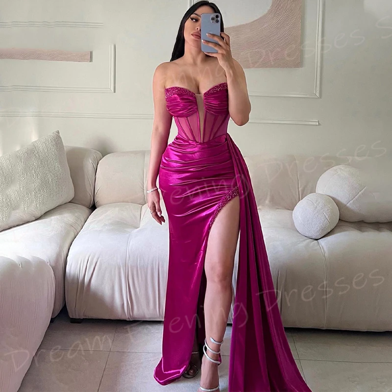 Prachtige Zeemeermin Sexy Vrouwen Avondjurken Charmante Strapless Prom Jurken Mouwloze Hoge Zijde Split Geplooide Vestido De Noche