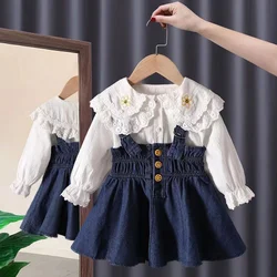 2024 Kids Girls Clothes Set Summer Short Sleeve Shirt + Denim Short Dress Triple Breasted Outfits Baby Clothing 4 5 6 7 8 9 10 T