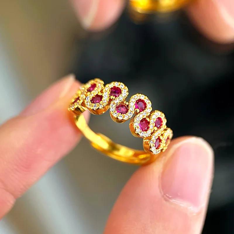 luxury 9999 24K real gold diamond and ruby   ring for women, mid-century style high-end niche design ring