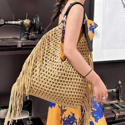 Bohemian Beach Bag For Women Luxury Designer Handbags Purses 2023 New In Nylon Rope To Weave Hollow Out Tassel With Inner Pocket