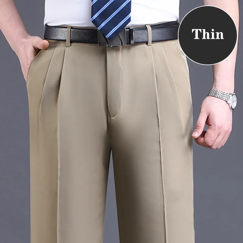 Double Pleated Suit Pants Men  Black Brown Business Khaki Trousers For Men Loose Straight Classic Men Pant Thin Summer 2023