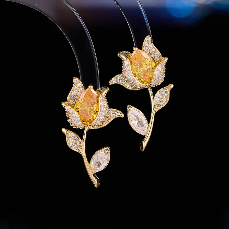 

New Micro Inlaid Zircon Tulip S925 Silver Needle Elegant Light Luxury High-end Flower Earrings