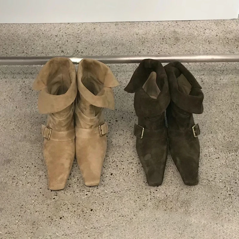 

Suede Buckle Belt Flat Ankle Boots Sexy Square Toe Leather Square Heel New Arrivals Fashion Women Modern Shoes