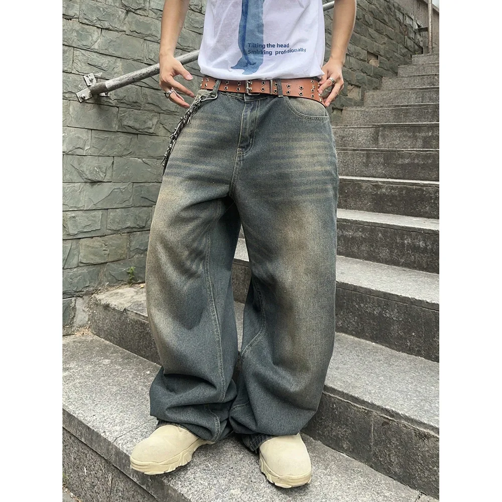 Four Seasons New Fashion Men's Vintage Casual Trendy Basic Wide Leg Straight Jeans Pants Male Vintage Denim Trousers Clothes