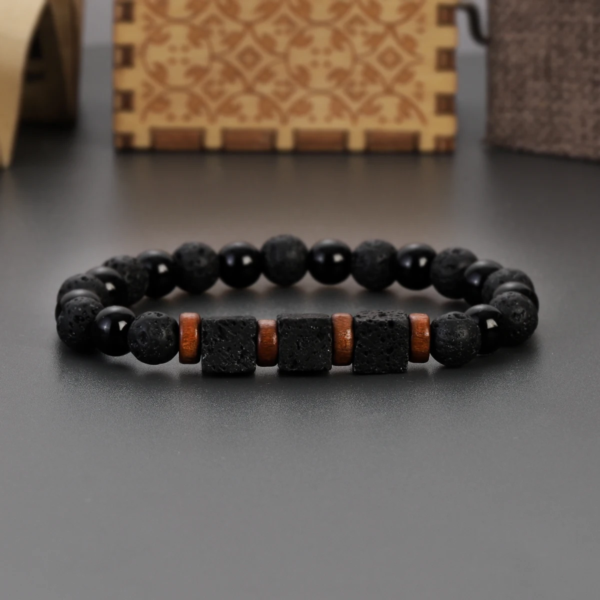 Square&Round Volcanic Stone Bracelet for Men Lava Black Onyx 8mm Beads Bracelets Men\'s Fashion New Jewelry