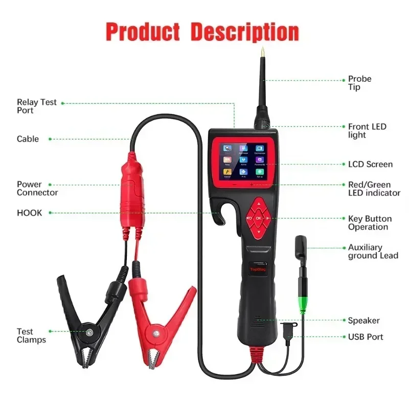 TopDiag Intelligent Hook P200 Automotive Electrical System Circuit Tester 9V-30V Relay Diode Oscilloscope Test