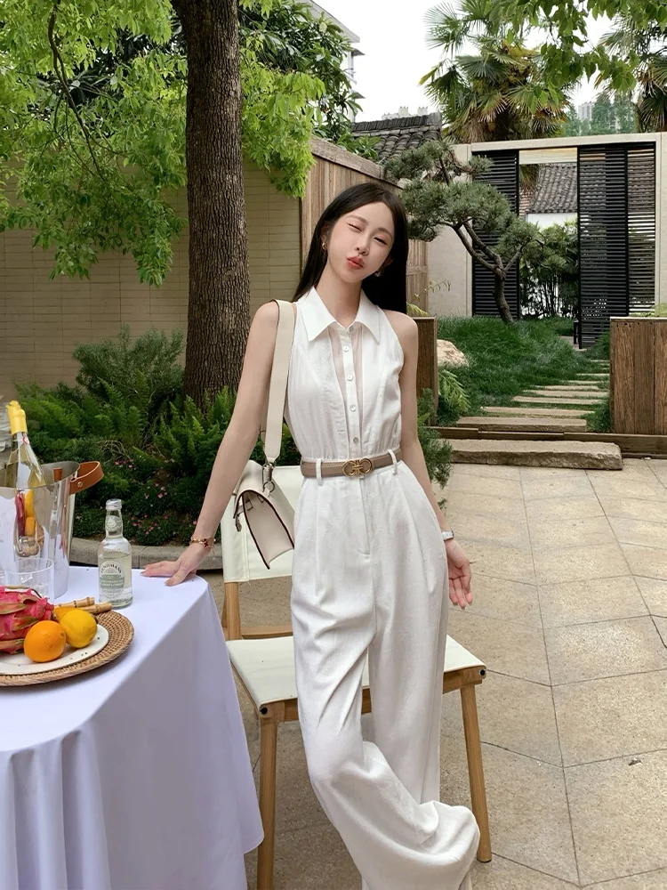 

White Waist-Cinching Rer Summer New Sle Women's Straight Leg Overalls High Waist Long Pants Thin Fabric Commute Sle