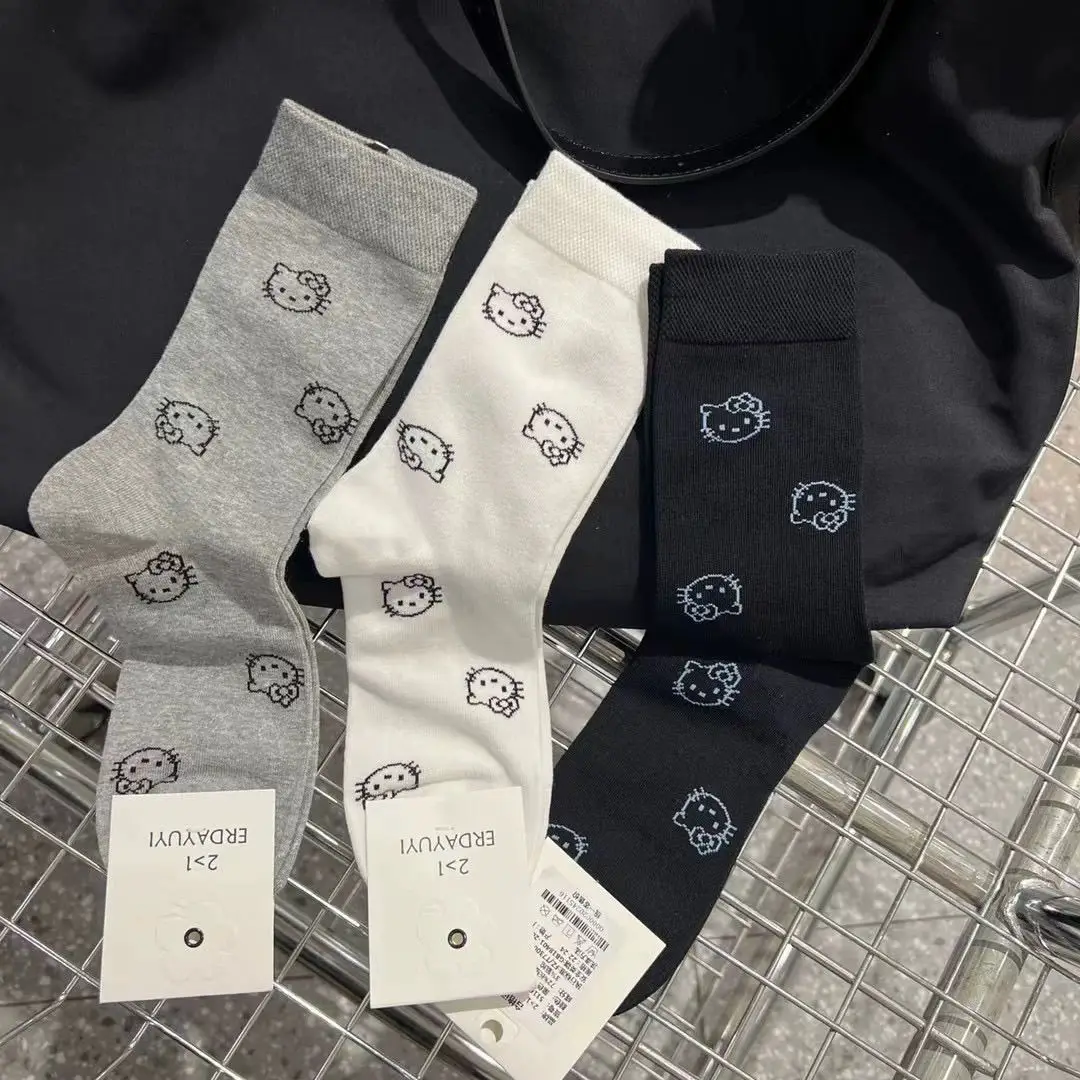 هالو كيتي جوارب لطيفة للنساء ، النسخة الكورية ، متعددة الاستخدامات ، أحادية اللون ، متوسطة ، الإضافية ، الربيع والخريف ، الطالب ، 6 أزواج