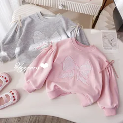 Baby Girls Lace Sweatshirt Kids Bowtie Hoodies Toddler Princess Pullover 2024 Spring Autumn Children's Clothing Fashion