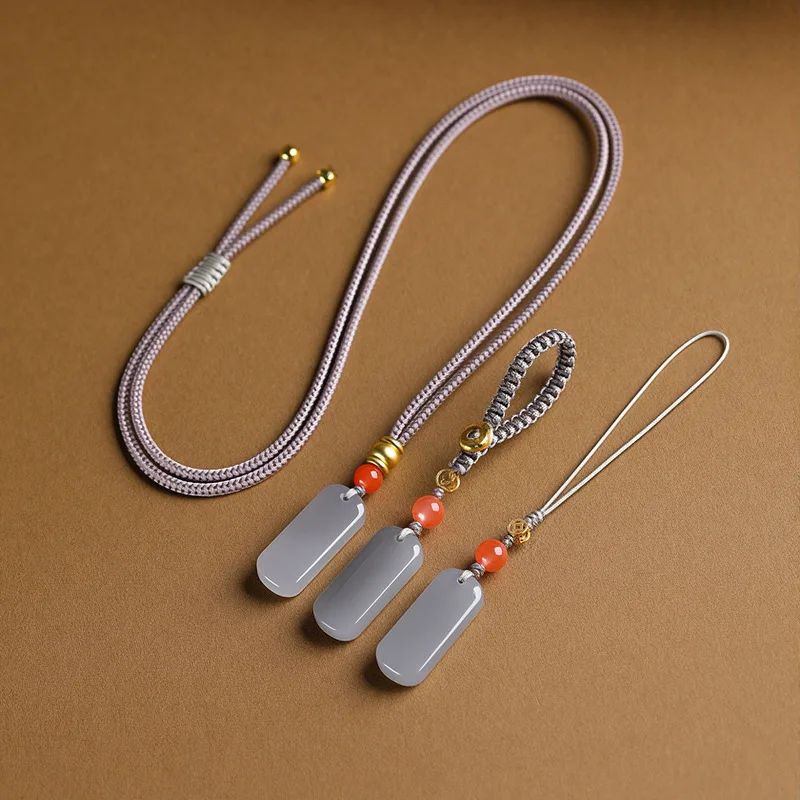 Chinese Style Natural Hetian Smoky Purple Jade Peace Tag Pendant Necklace Keychain Phone Charm Lucky Blessing Wealth Attracting