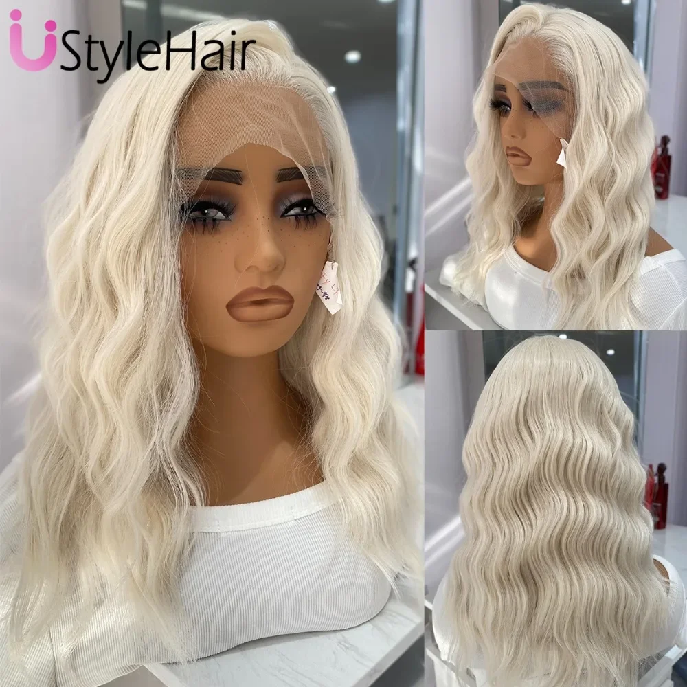 UStyleHair 60 Color Platinum Blonde Lace Front Wig Natural Hairline Daily Wear Cosplay Synthetic Wigs Shoulder Length Short Wig