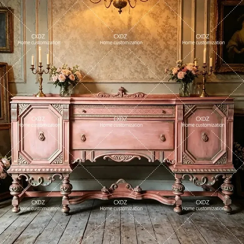 French Retro Pink Metal Locker Side Cabinet with Engraved Drawer Storage Unit Vintage Style Nightstand for Living Room