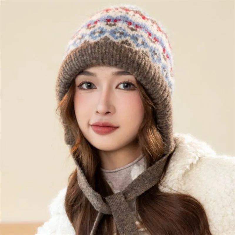 Ethnic Style Striped Splicing Knitted Wool Hat Autumn and Winter Women\'s Thickened Warm and Cold Ear Protector Pullover Hat