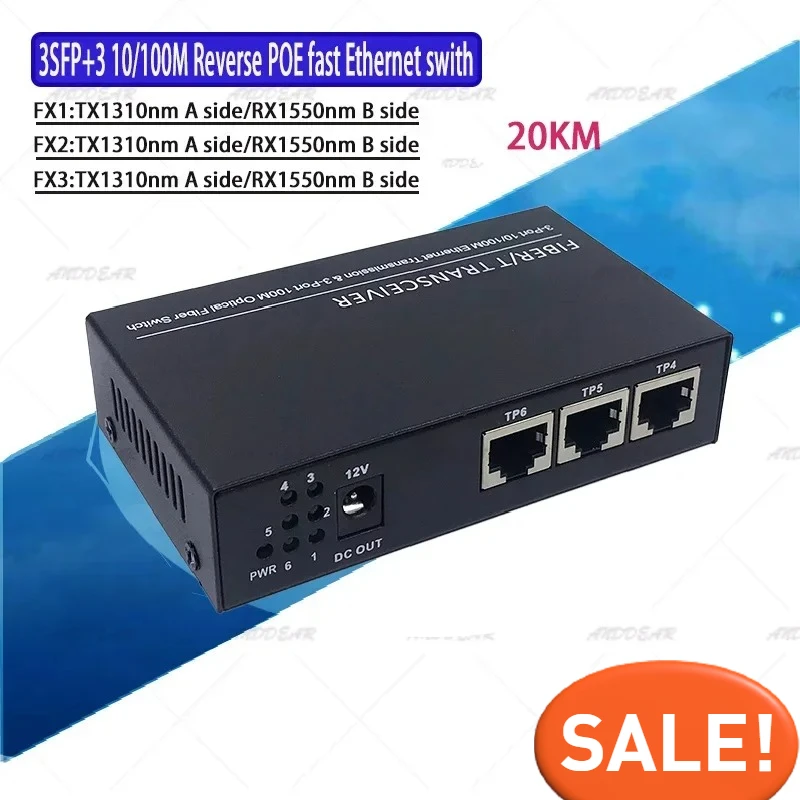 

Обратный быстрый эретнет 10/100M Ethernet-коммутатор 3 оптоволоконных портов SC 20KM3UTP RJ45 оптоволоконный коммутатор PCBA с адаптером