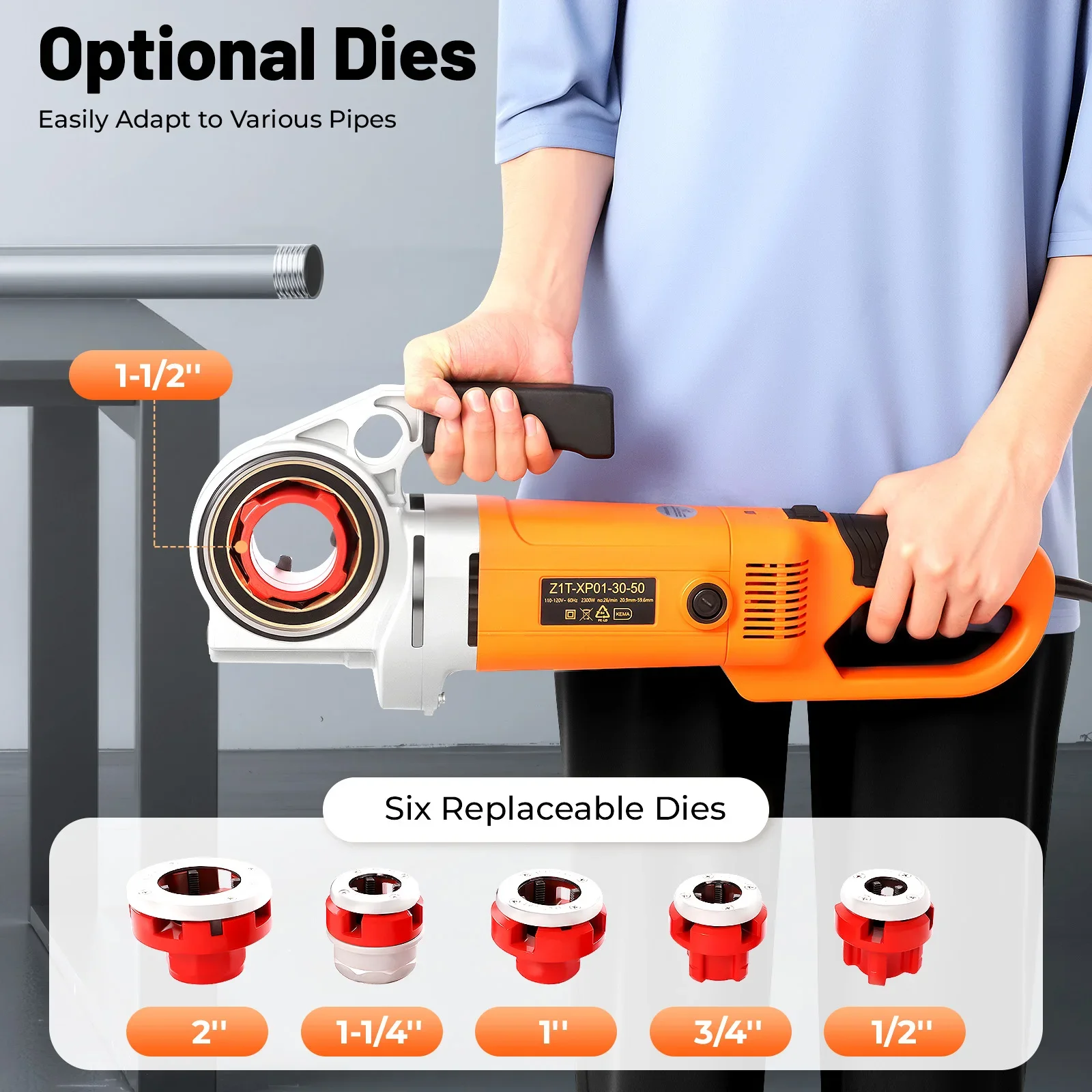 2300W PortableRatchet Pipe Threader Tool Kit, Electric Threading Machine with 6 Dies 2‘’, 1-1/2‘’, 1-1/4‘’, 1‘’, 3/4‘’, 1/2''