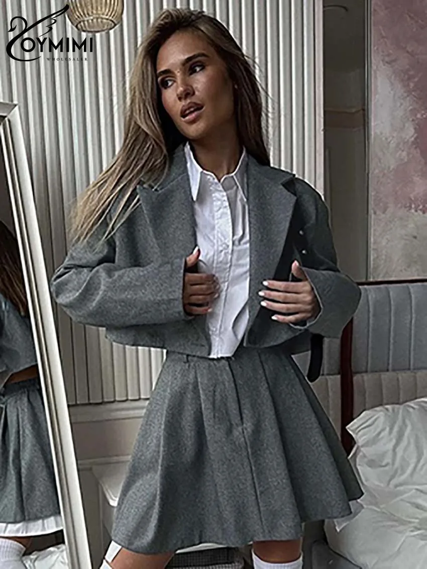 Oymimi Fashion Grey 3 Piece Sets Women Outfit Elegant Long Sleeve Single Button Crop Blazers + White Shirts + Pleated Skirts Set