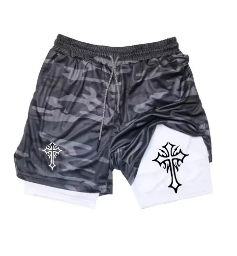 Cross Print 2 in 1 Workout Running Shorts for Men Christian Gym Athletic Shorts with Compression Liner Phone Pocket Towel Loop