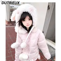 Winter New Sweet Cute Girls Pink Hooded Cotton Coat Loose Warm Zipper Clothes Slimming Long Sleeve Parkas Jacket for Women
