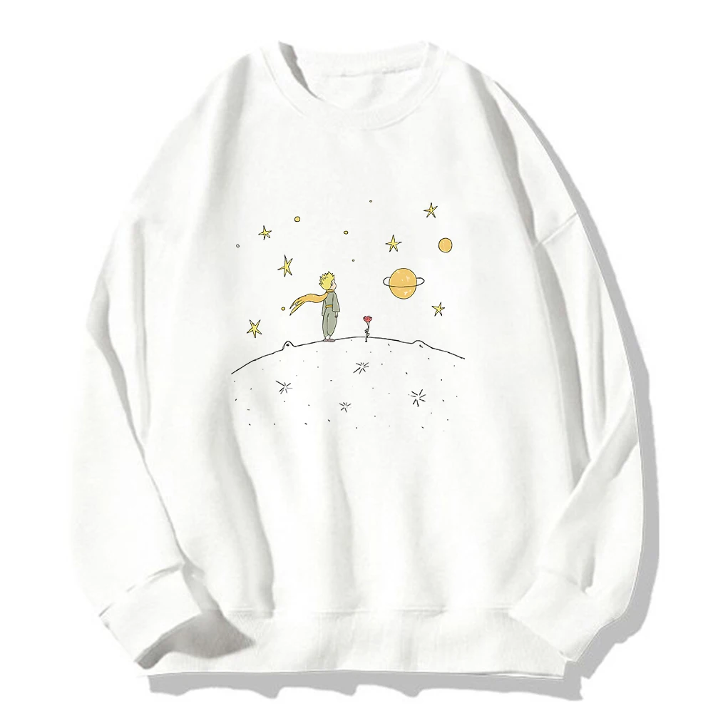 

The Little Prince Print Hoodie Planet and Rose Graphic Hoody Women Sweatshirt White Pullover Female Oversized Clothes Spring Top