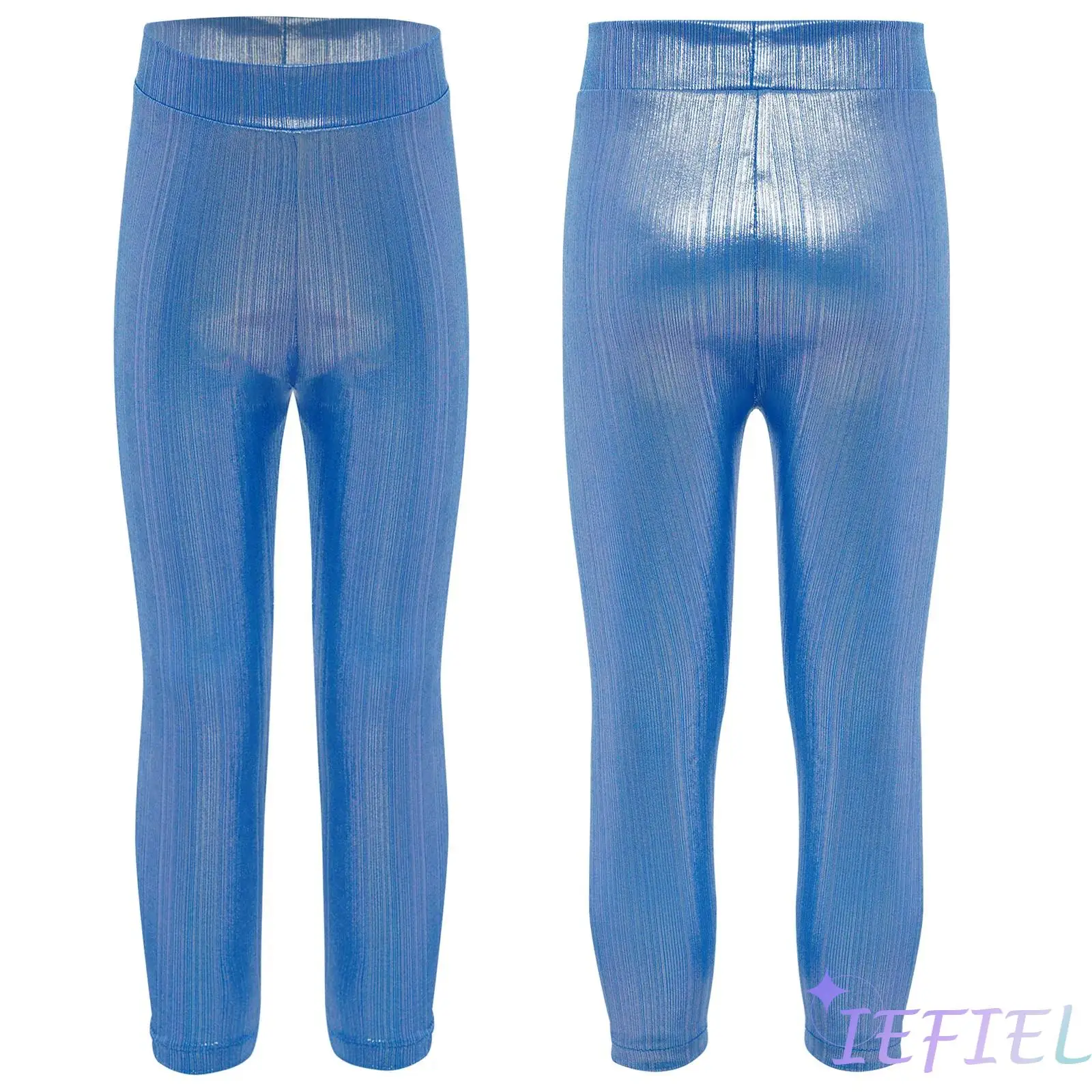 

Kids Girls Jazz Dance Hip-Hop Performance Trouser Metallic Ribbed Pants Elastic Waistband Solid Color Leggings