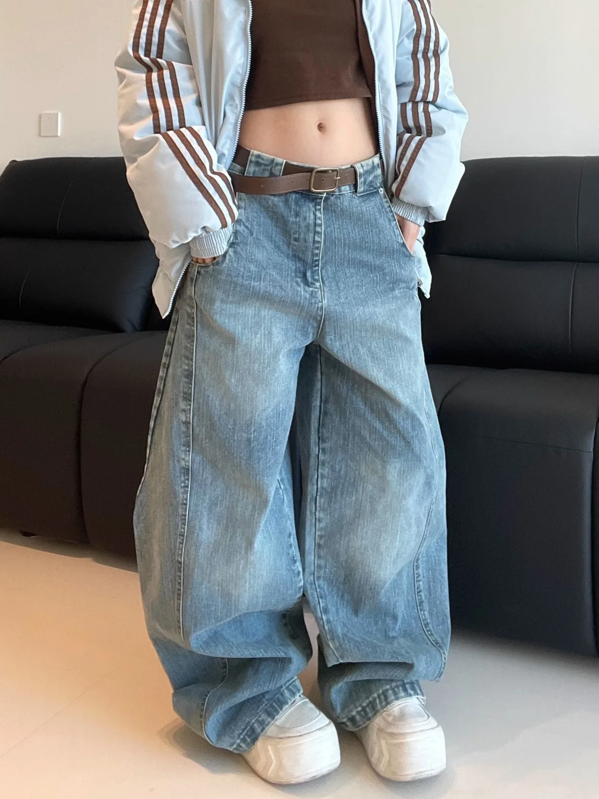 

Ретро-джинсы американского стиля с широкими штанинами, синие, женские, свободные, длинные брюки, повседневные, с эффектом потертости, джинсовые брюки для женщин