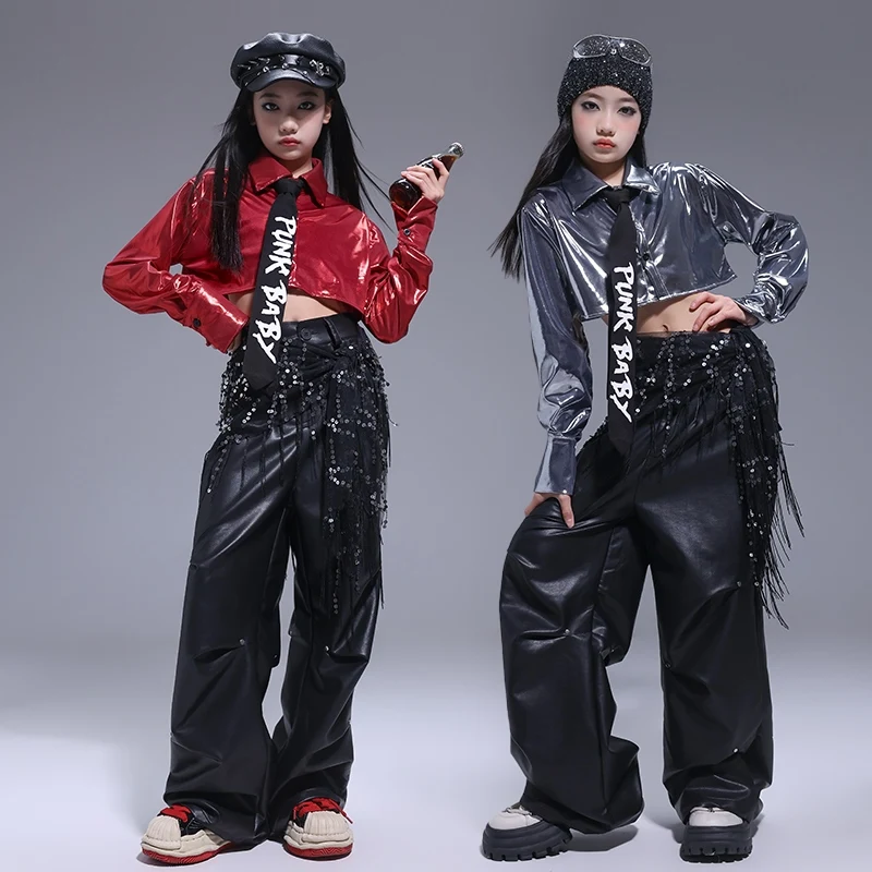 Jazzdans Kinderen Stadium Slijtage Zilver Shirt Zwart Shuffle Broek Meisje Kpop Kostuum Hip Hop Mode Kleding Straat Dancewear 1685