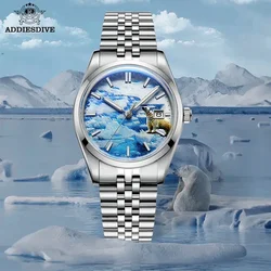 ADDIESDIVE 3D Glacier Dial Automatic Mechanical Watch Stainless Steel Calendar Mens Watches 100m Dive Blue Luminous Wristwatches