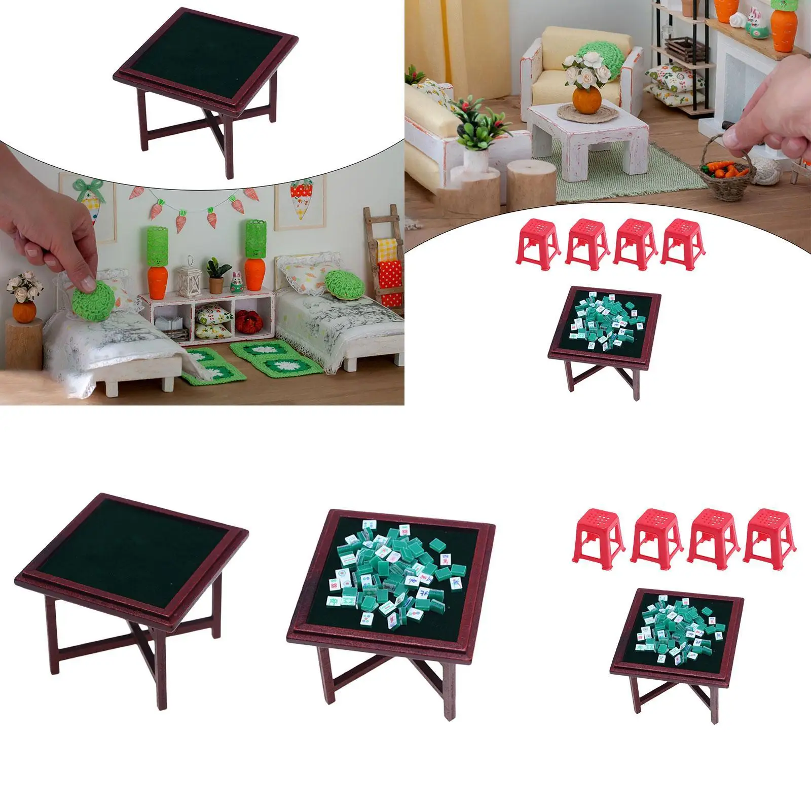 Handmade Wood Dollhouse Mahjong Table 1 12 Scale Miniature Furniture Set Tiny Desk Chair Accessories for Doll House Game Room