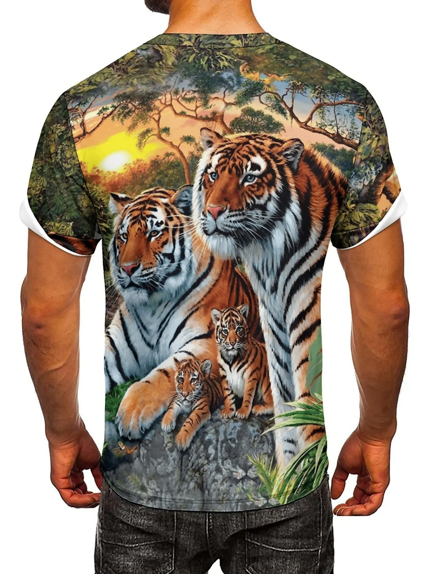 Camiseta masculina com estampa 3D Tiger Family – Design Vibrant Sunset, ajuste solto, manga curta, poliéster, camiseta casual de verão