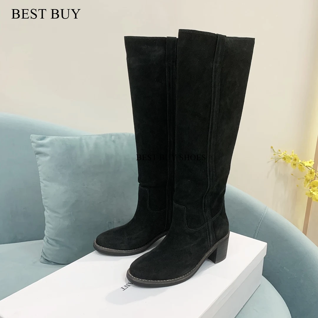 big size 35-43 Square thick High Heel Women Winter Boots rouned Toe Knee High Boots Real Suede Leather Warm Sexy Fashion 2024