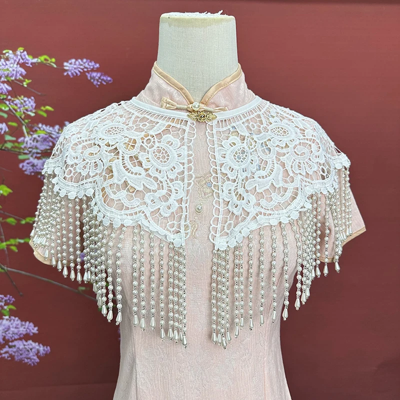 

Vintage Pearl Tassel Shawl Ancient Style Cloud Shoulder Hanfu Tassel Elegant Cheongsam Shawl Detachable Collar Wedding Decor