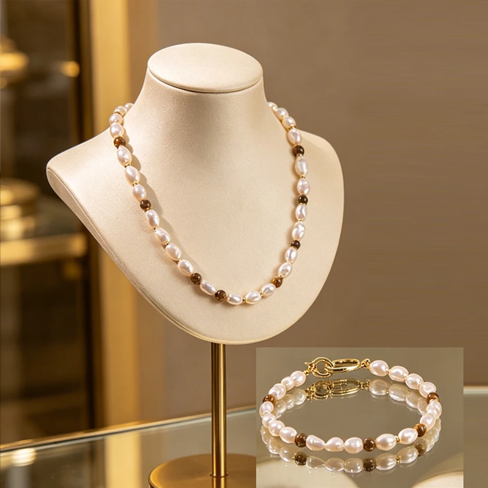 

Elegant Freshwater Pearl Tiger Eye Stone Set Beaded Necklace Bracelet Retro Jewelry for Women Charm Choker Elegant Chain Collar