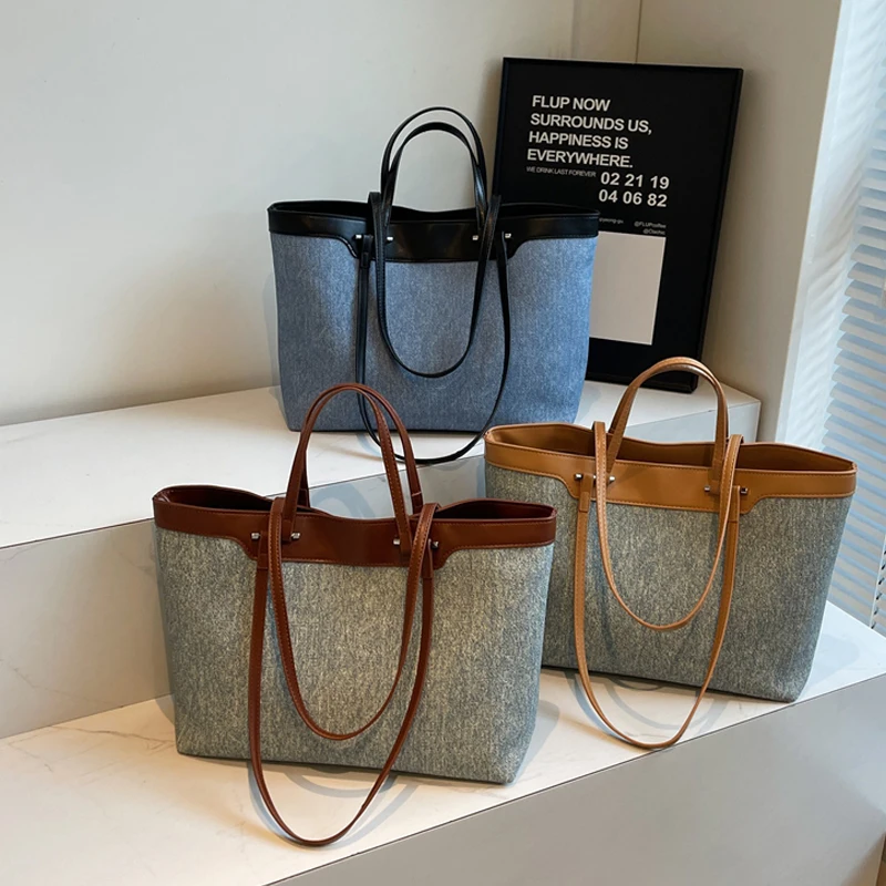 

Женская джинсовая сумка-тоут из искусственной кожи, новая большая вместительная повседневная сумка на плечо контрастного цвета, минималистичные дорожные сумки для путешествий