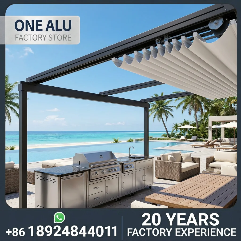OneAlu BistroShield Electric Retractable Roof: All-Weather Dining Protection for Outdoor Restaurant & Cafe Patios