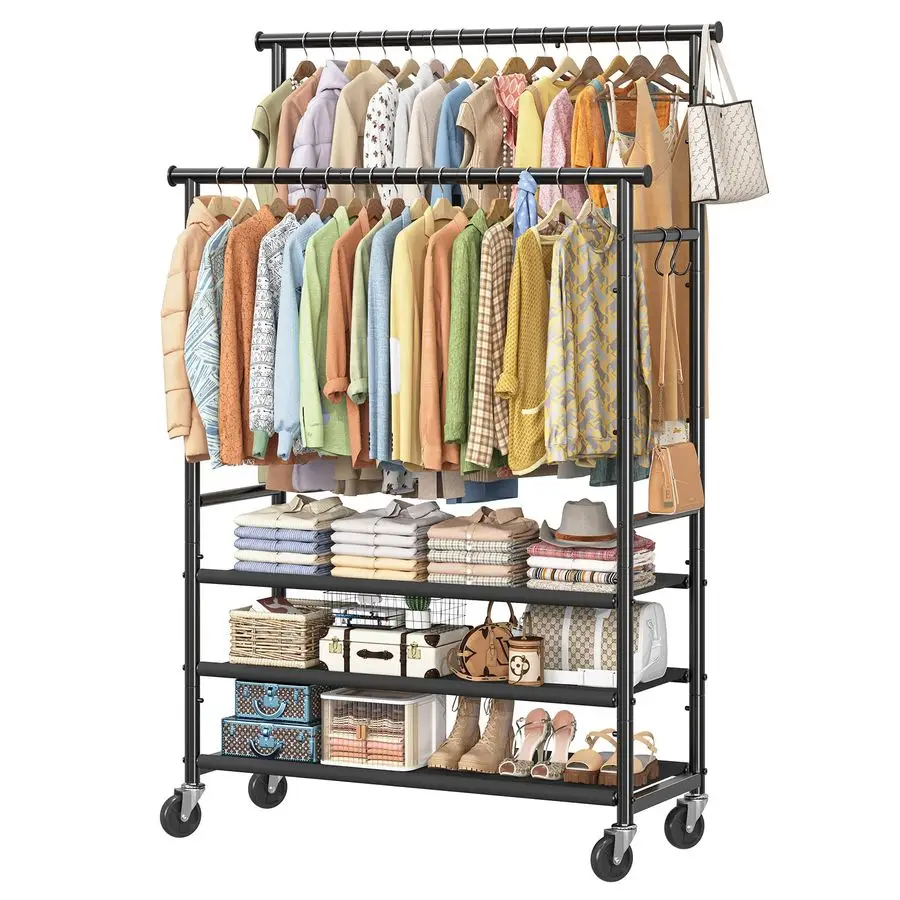 

Double Rods Clothes Rack, Rolling Clothing Racks for Hanging Clothes, Portable Wardrobe Rack with 3 Shelves, Garment Rack for B