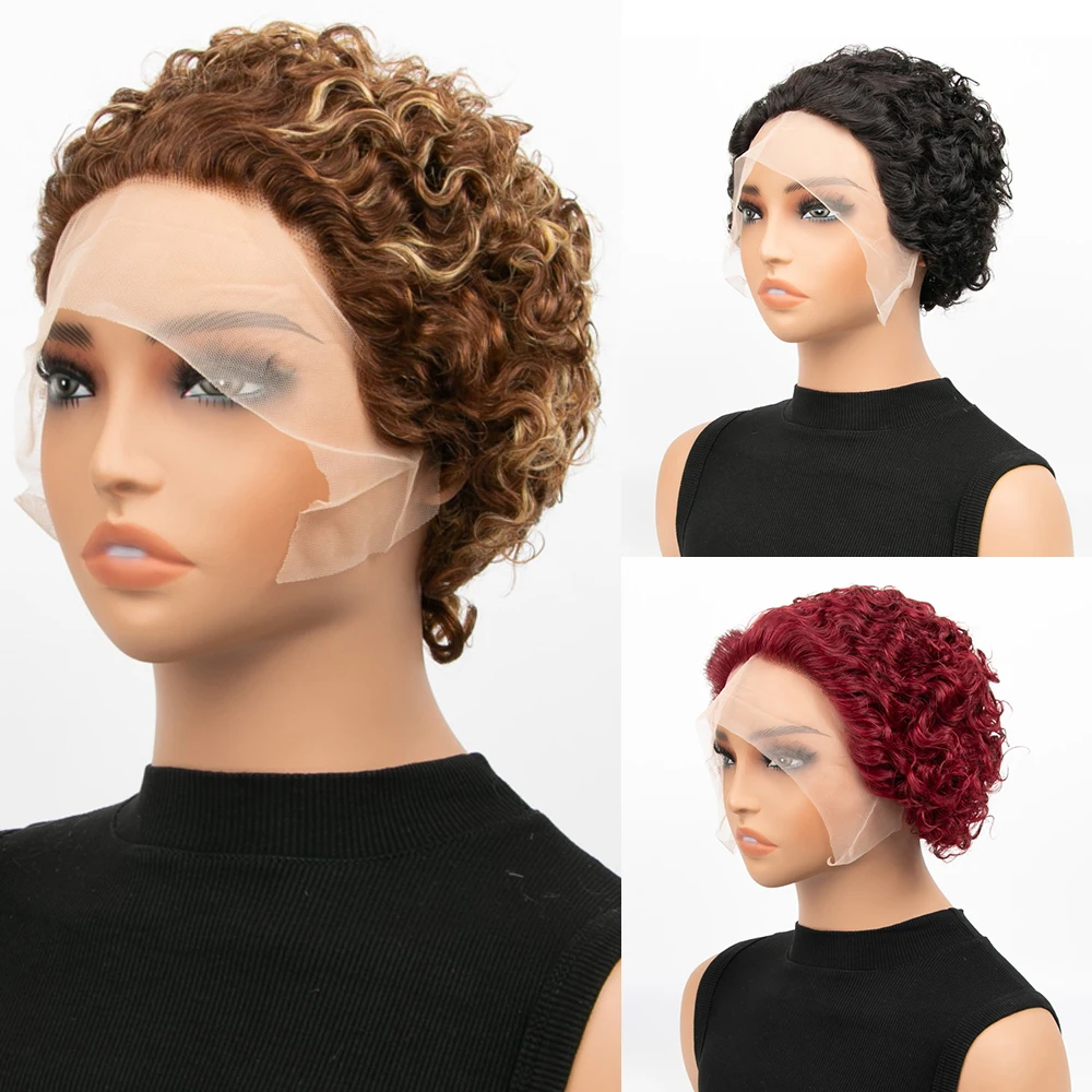 Pixes peruca curta encaracolada cabelo humano real renda frontal 13x1 hd renda P4-27 linha fina natural orelha a orelha