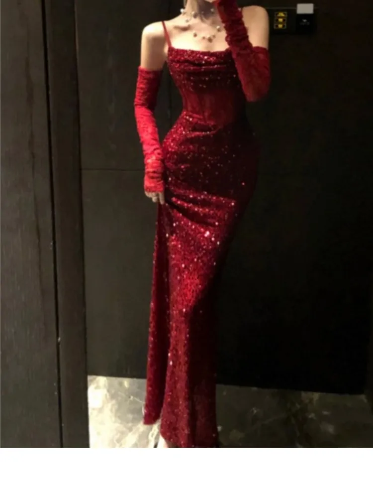 

Women Sexy Sequins Mermaid Evening Dress Elegant Bodycon Lace Split Formal Party Long Dresses Korean Slim Vestidos Robe Clothes