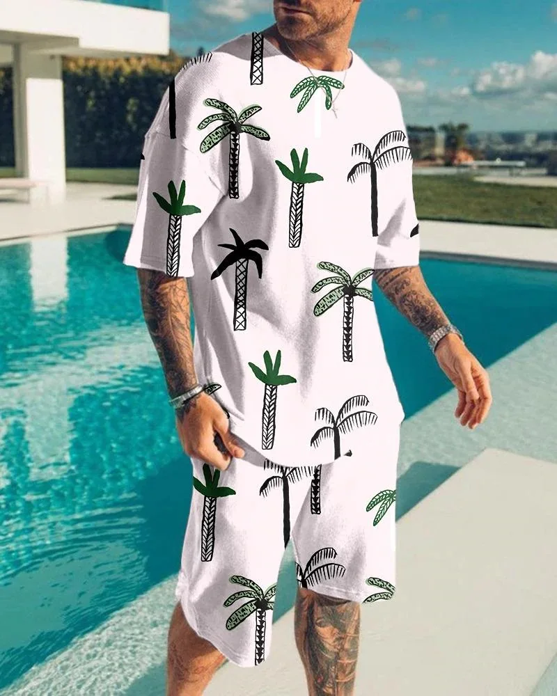 Männer Strand T-Shirt Kurzarm Set lässig 2 Stück Set übergroße Sport Set Kokosnuss baum Hawaii Mode Top Urlaub Essentials