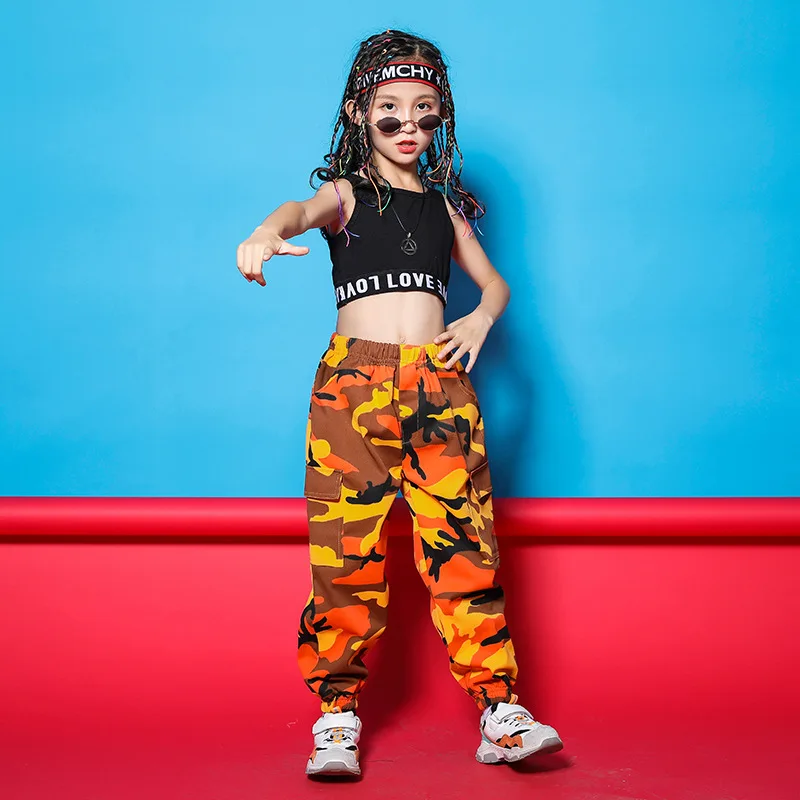 Dance Costume Dancing Clothes Streetwear Kid Hip Hop Clothing Black Tank Top Crop Camouflage Tactical Cargo Pants for Girls Jazz