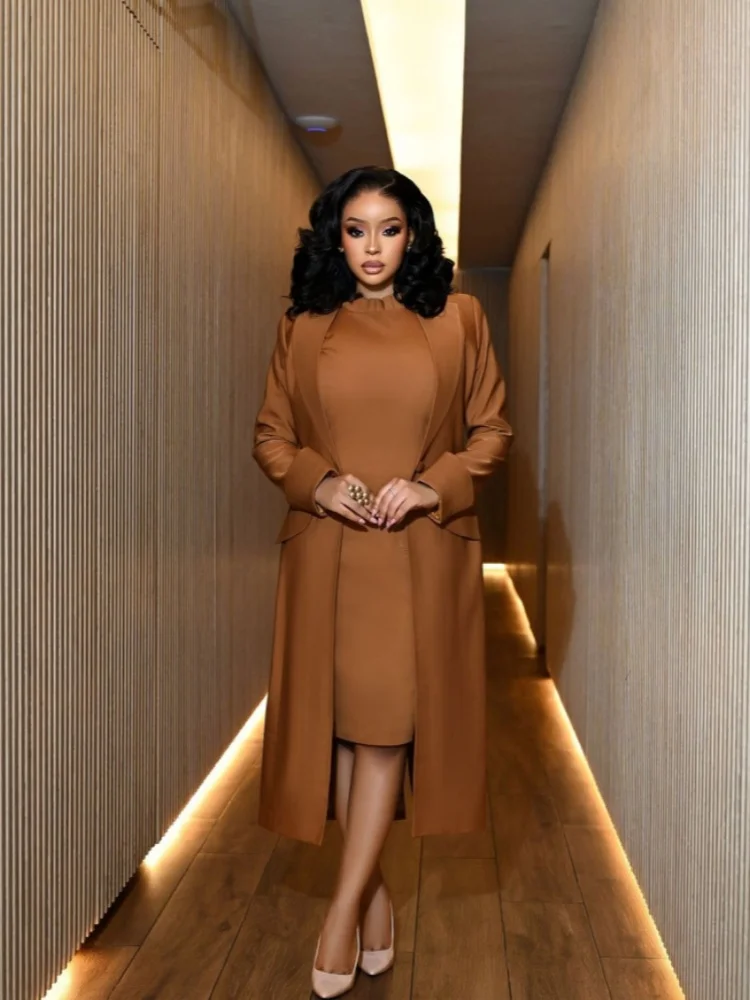 Women Two Piece Outfit Long Open Front Coat Long Sleeve Round Neck Midi Dress Elegant Formal Office Business Matching Suit