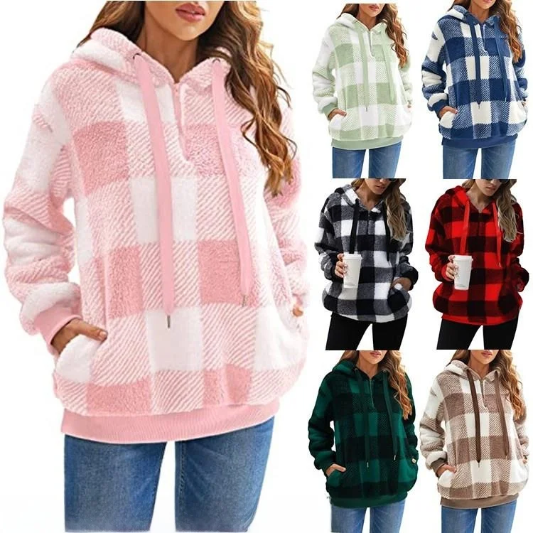 

Plaid Hooded Jaet Women's Thiened Polyester Long Sve Winter New Sle Velvet Outerwear Comfortable Loose Fit Sweatirt