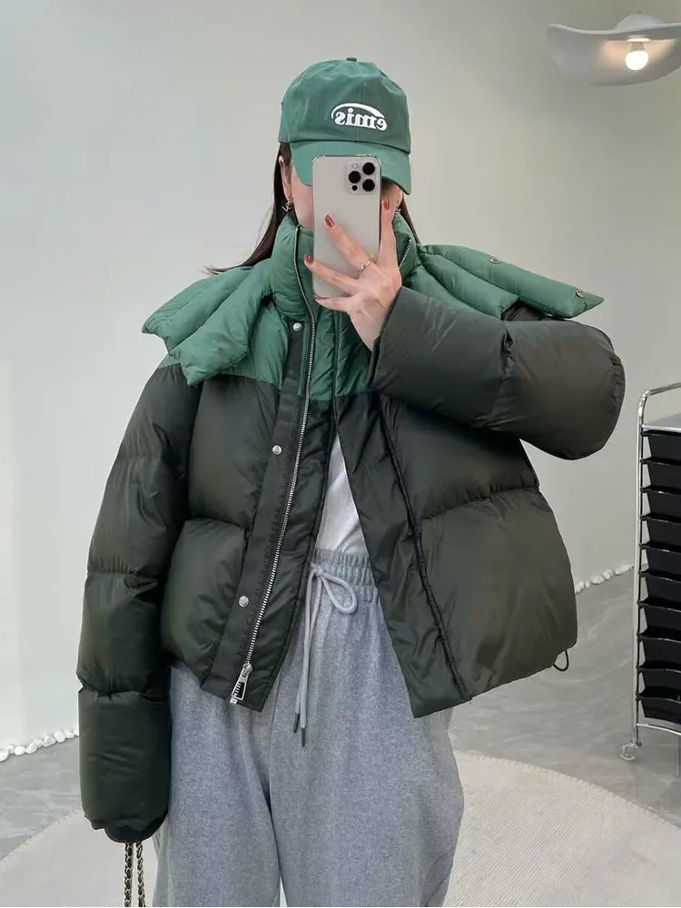

Contrast color down jacket Short Warm Women Winter Hooded High neck Puffer coat Designer Oversized Parkas Fashion