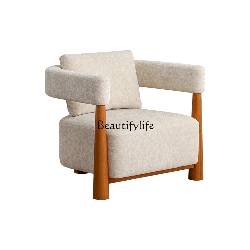 

Nordic simple solid wood single sofa cream style living room fabric sofa chair