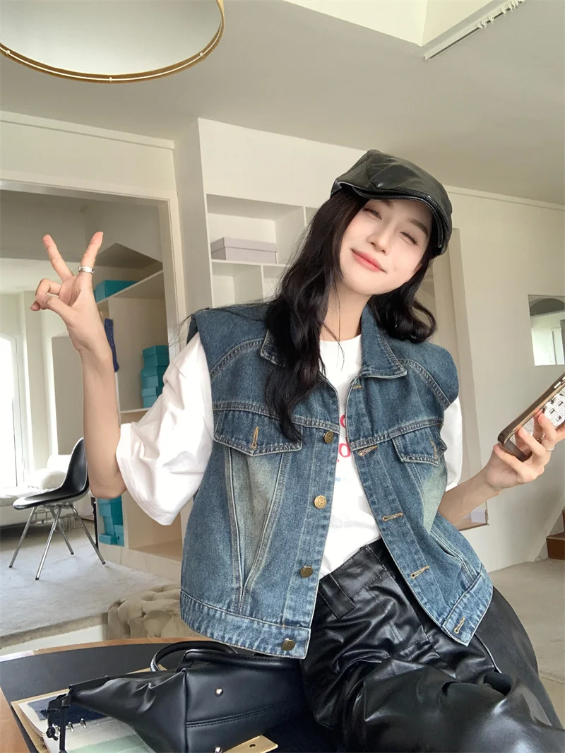 

Denim Coats Unisex Womens Fall Tweed Double-Faced Patchwork Oversized School Pleated Flare Drawstring Standneck Utility Jackets