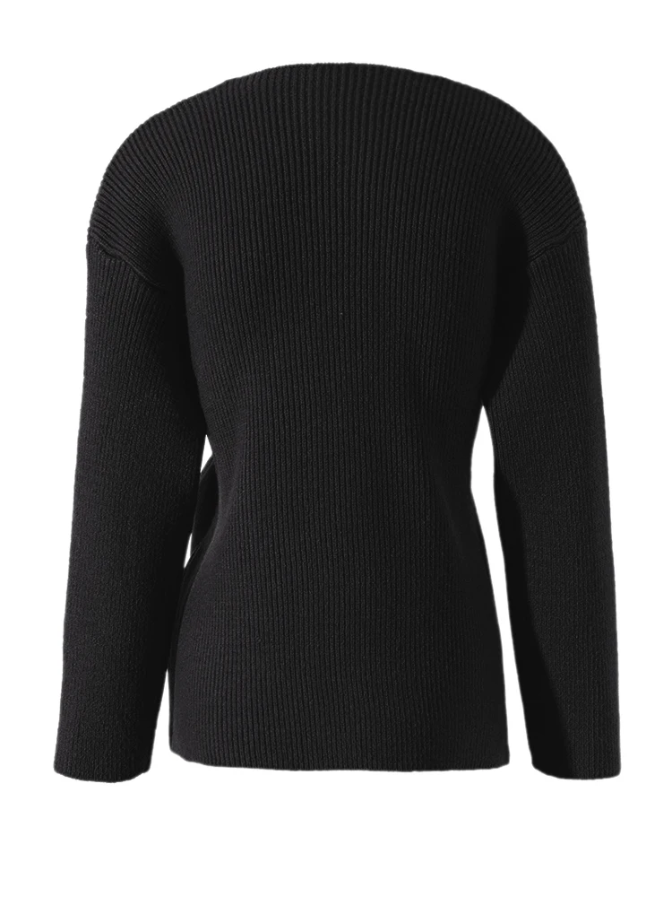 [EAM] suéter tejido de vendaje Irregular negro, jerséis de manga larga con cuello redondo para mujer, nueva tendencia de moda Otoño Invierno 2024 2R4635